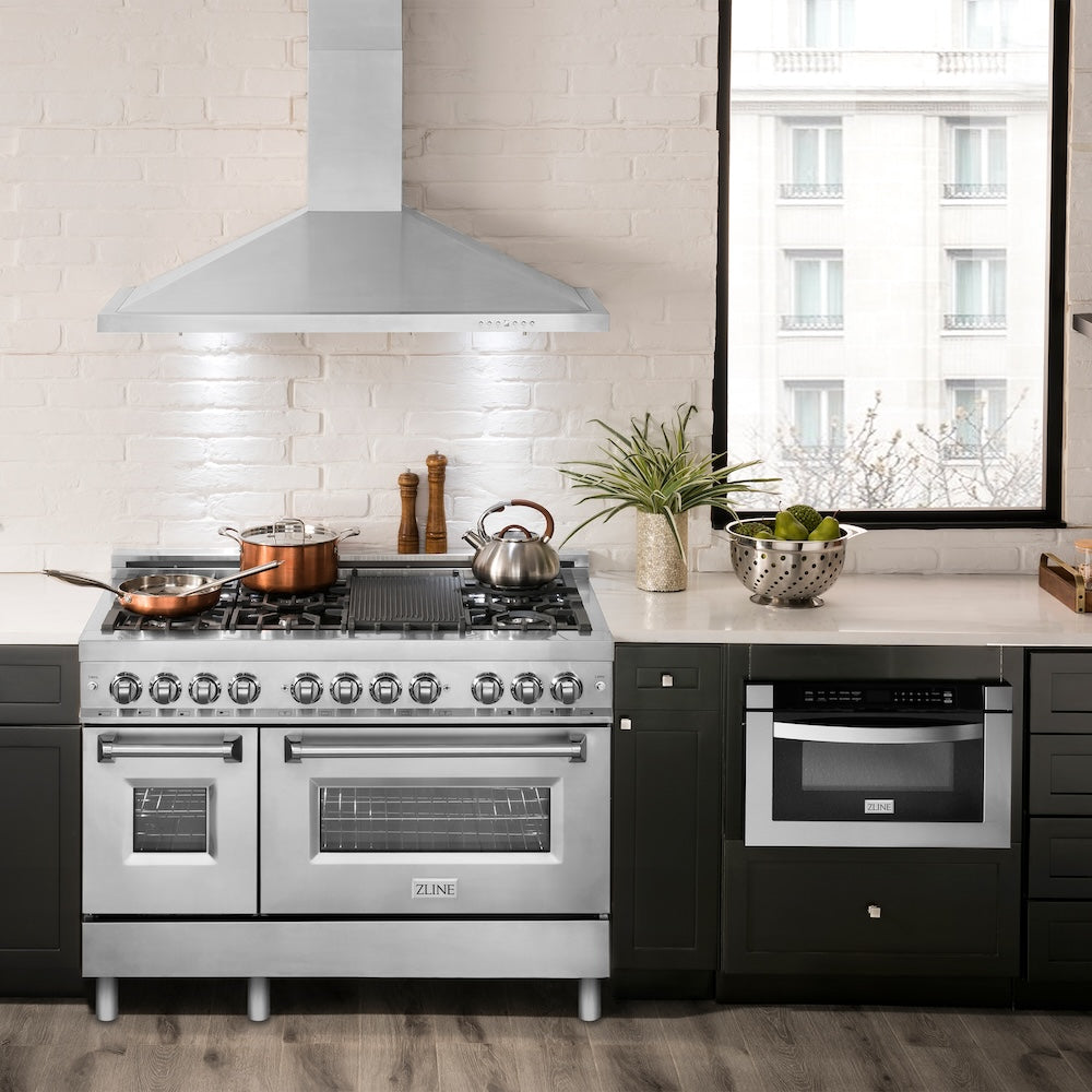 ZLINE 48 Inch Professional Kitchen Package - Stainless Steel Dual Fuel Range, Range Hood, Microwave Drawer, Tall Tub Dishwasher & Wine Cooler (5KP RARH48 MWDWV RWV) | Premium Appliance Bundle for Gourmet Cooking & Entertaining