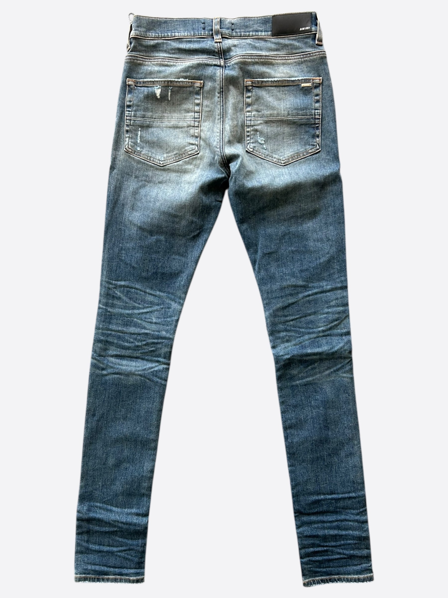 Amiri Indigo Bandana Jacquard Patch Thrasher Jeans for Men - Vintage Distressed Denim Pants with Embroidered Design | Perfect for Streetwear, Casual Outfits & Night Out