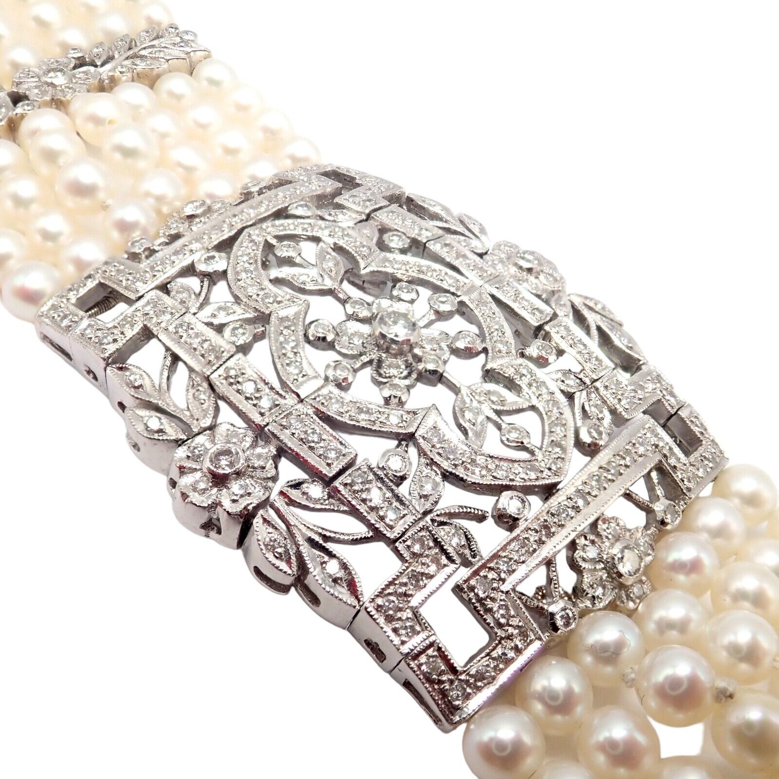 Vintage 18k White Gold Diamond & Pearl Bracelet - 7 Rows 4.5mm Pearls, Elegant Estate Jewelry for Women - Perfect for Weddings, Anniversaries & Special Occasions