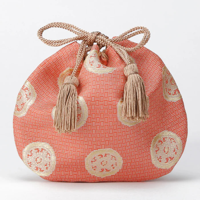 Nishijin Ori Small Drawstring Bag - Wheel Shaped Treasure / Rose Design - Handmade in Kyoto Japan - Traditional Japanese Craft Purse for Jewelry, Coins & Keepsakes - Perfect Gift for Travel, Festivals & Special Occasions