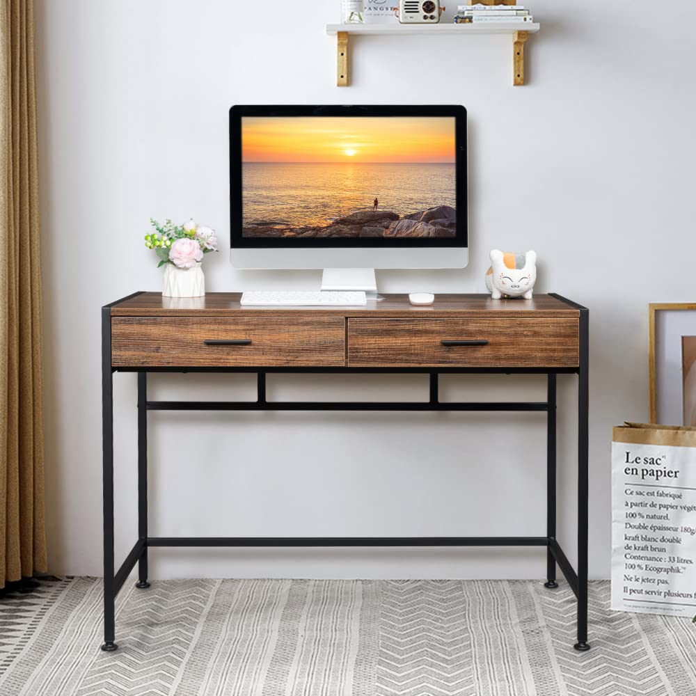 Vintage Wooden Computer Desk with Black Steel Frame & 2 Drawers - 106