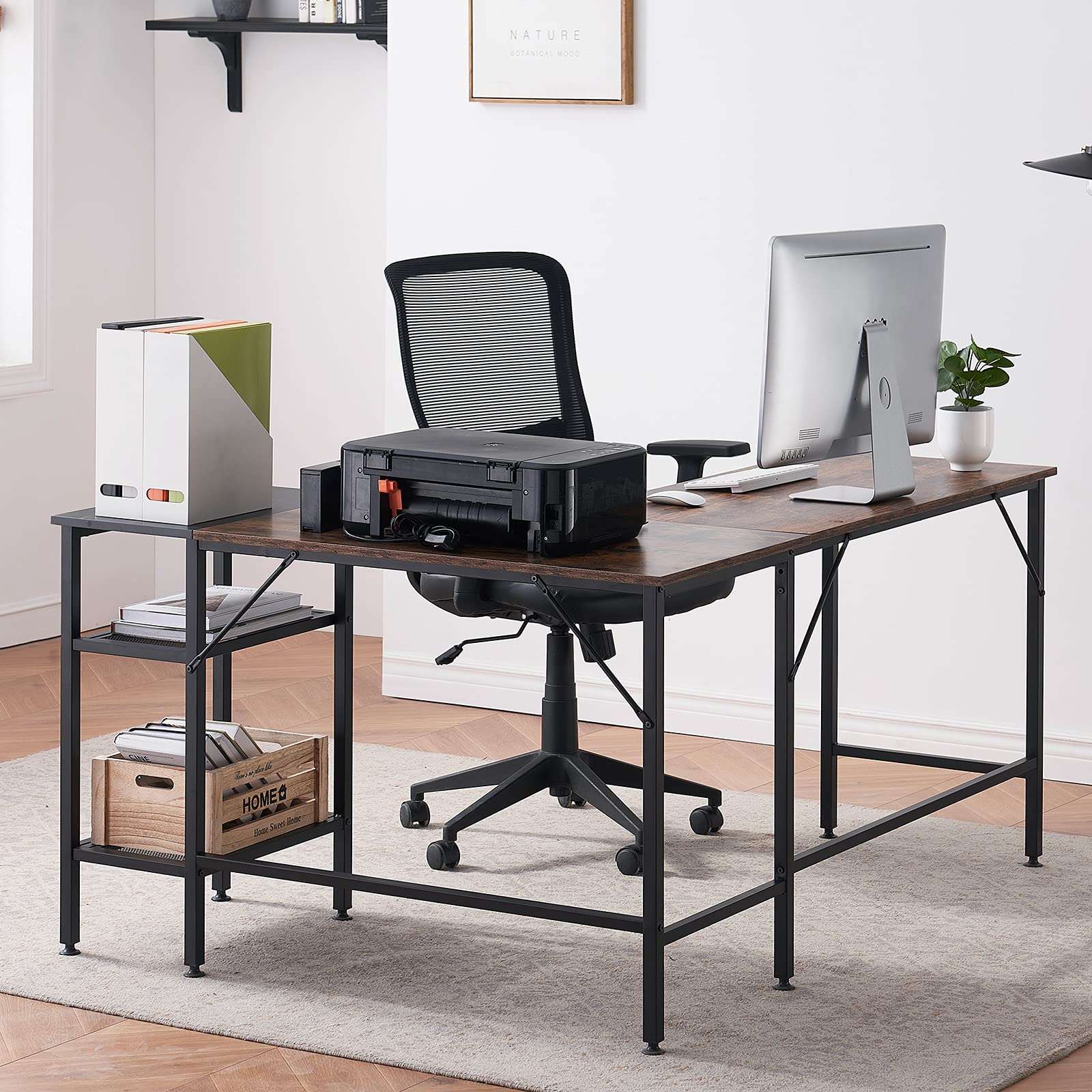 Reversible L-Shaped Computer Desk 59 Inch, Rustic Corner Desk with Storage Shelves & Movable Shelf - Home Office Workstation for Small Spaces, Gaming & Study Setup
