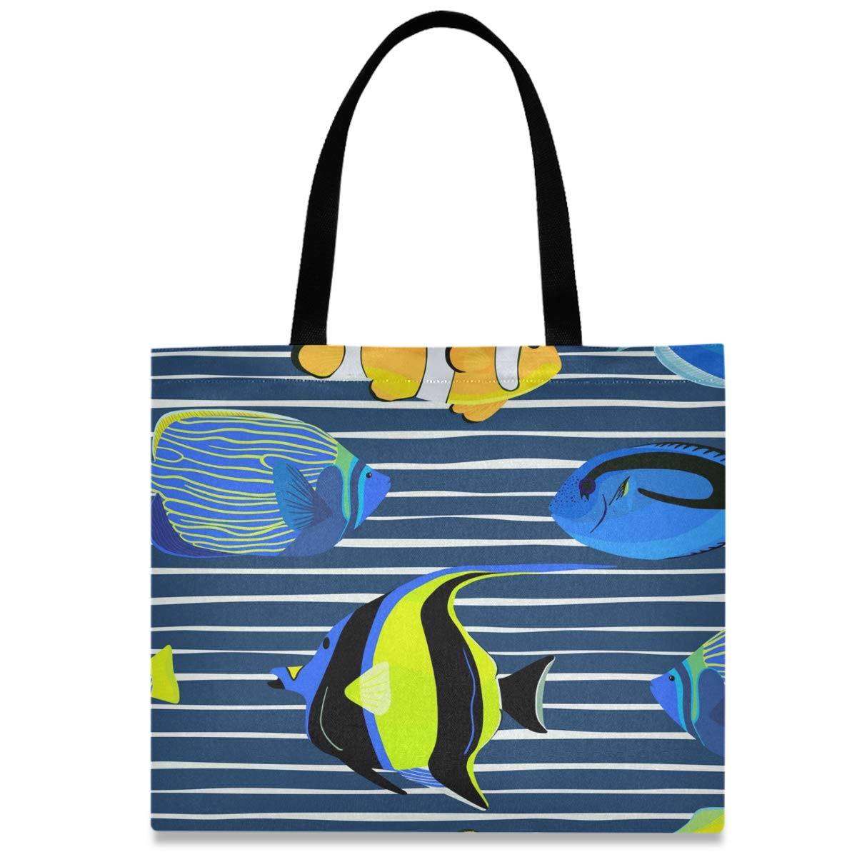 Stylish Canvas Tote Bag for Women - Large Reusable Grocery Bag with Underwater Fish Stripes Design - Perfect for Work, Shopping & Beach Outings - Eco-Friendly Carryall for Everyday Use