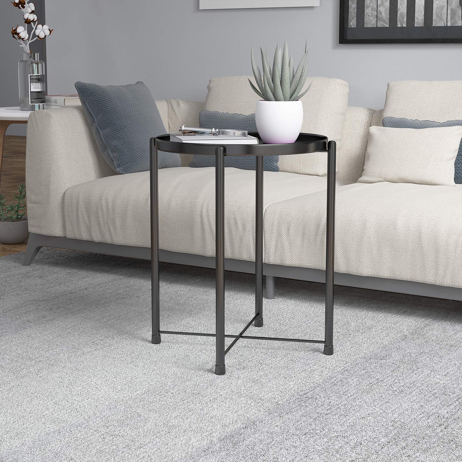 Round Metal Tray End Table - Waterproof Modern Side Table with Removable Tray for Living Room, Bedroom, Balcony & Lounge - Perfect as Coffee Table, Nightstand or Sofa Side Table (Black)