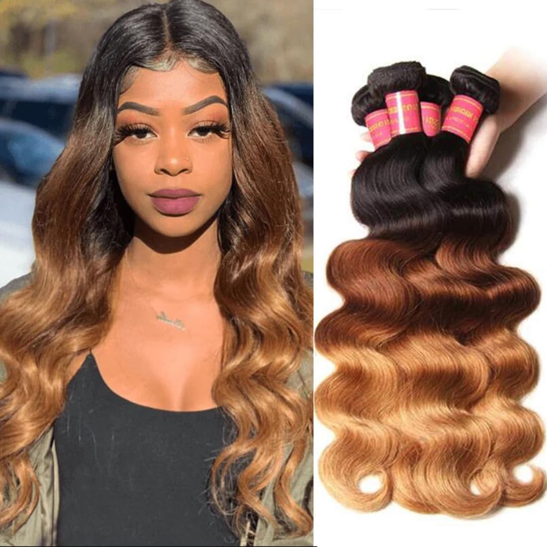 Sunber 12A Grade Ombre Body Wave 3 Bundles Brazilian Virgin Human Hair Extensions - 3 Tone Mixed 1B/4/27 Color (20 22 24 Inch) for Stunning Blended Highlights | Perfect for Salon Styling, Weddings & Everyday Glam