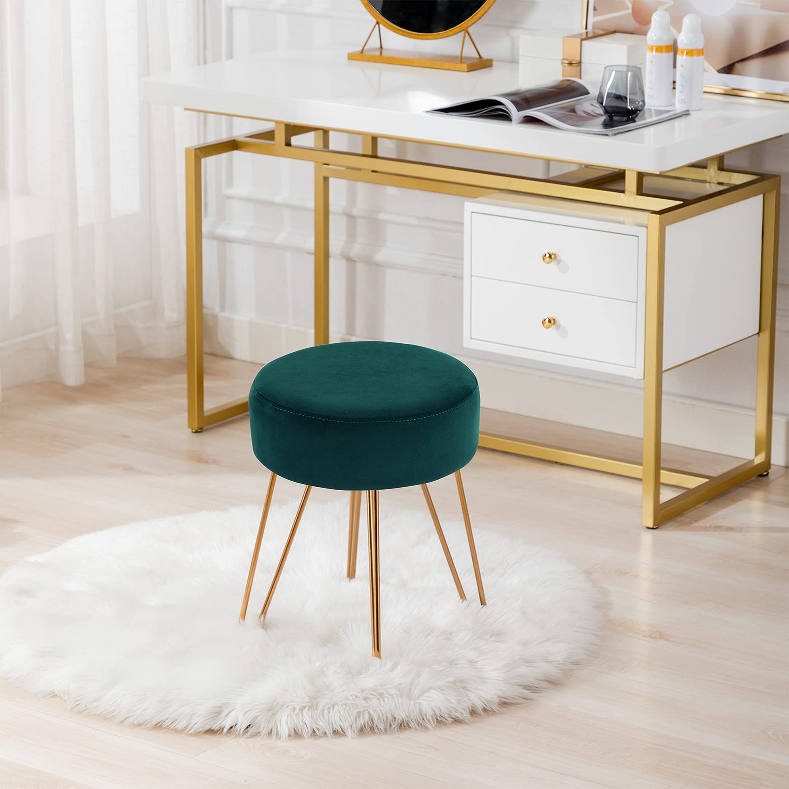 DUHOME Velvet Ottoman Stool - Modern Makeup Vanity Stool with Round Metal Base, Furry Accent Stool for Bedroom & Living Room | Contemporary Mongolian Style Home Decor for Women's Dressing Area & Lounge