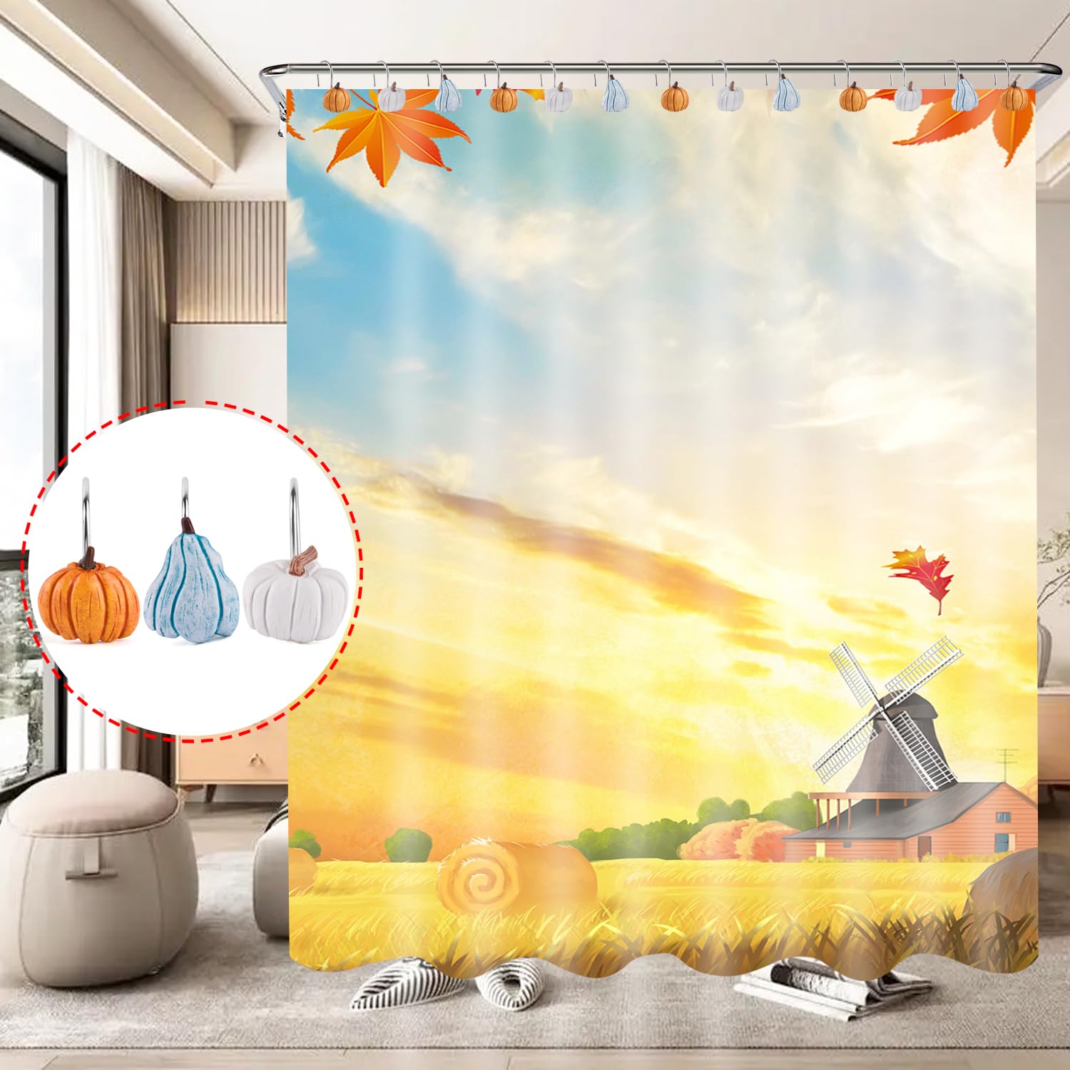 12PCS Rustproof Metal Pumpkin Shower Curtain Hooks - Autumn Thanksgiving Farmhouse Bathroom Decor for Fall, Rustic Cute Shower Accessories (Perfect for Seasonal Home Decor & Holiday Gift Ideas)