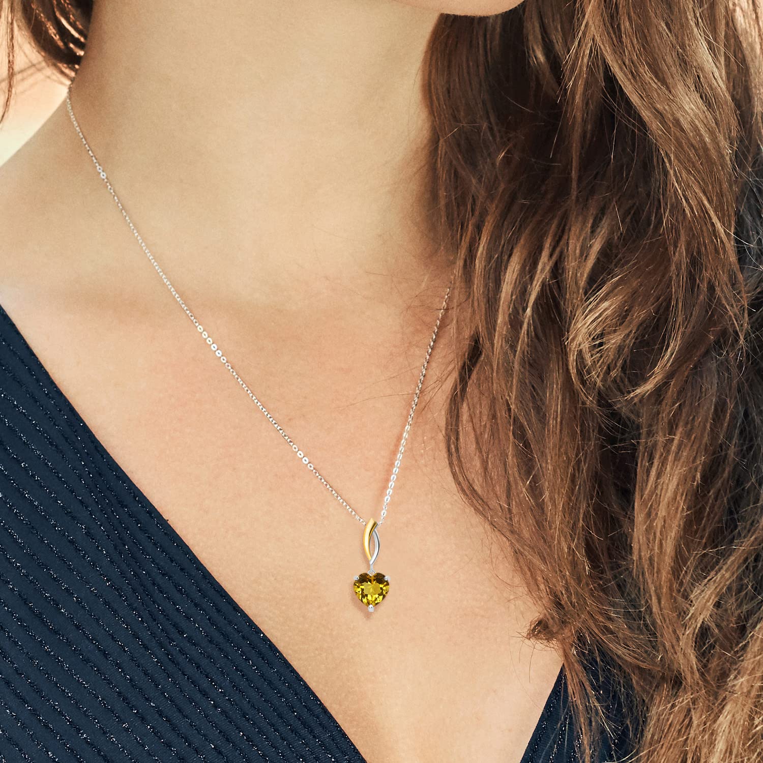 3.25Ct Heart Citrine Pendant in 925 Silver & 10K Gold - Elegant Jewelry Gift for Her