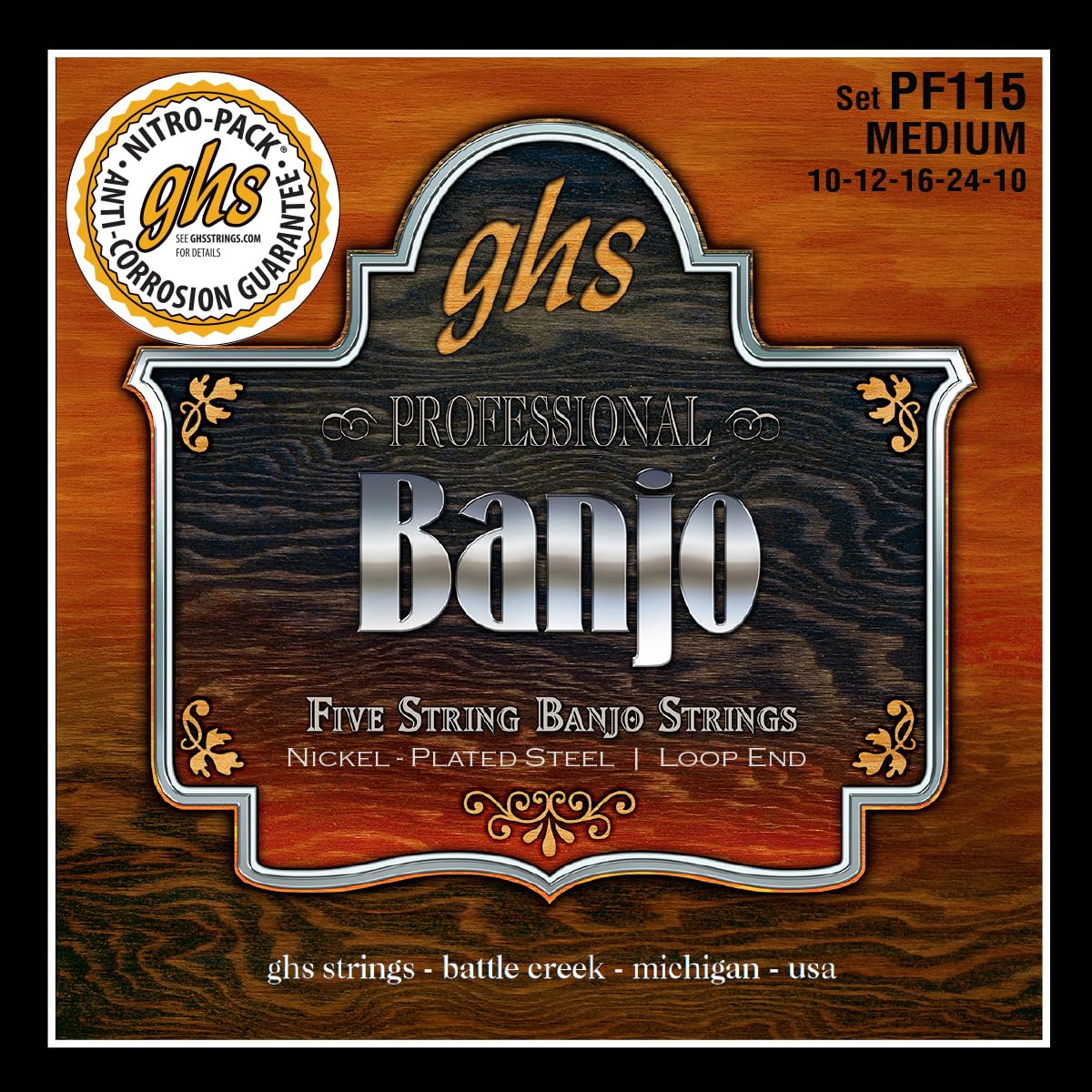 GHS PF115 Banjo Strings Medium Gauge 10-24 Nickel Plated Steel - Perfect for Bluegrass, Folk & Country Music Performances