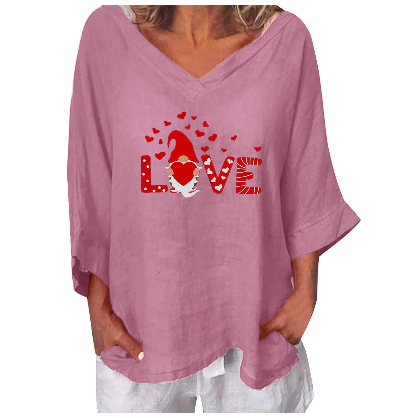 Valentine's Day Women's Heart Print Cotton V-Neck Long Sleeve T-Shirt - Casual Valentine Tops for Women - Perfect for Date Nights, Romantic Dinners & Valentine's Day Gifts