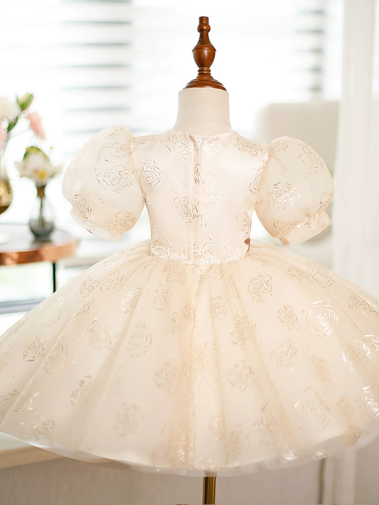 Champagne Princess Round Tea Length Organza Flower Girl Dress for Weddings & Special Occasions