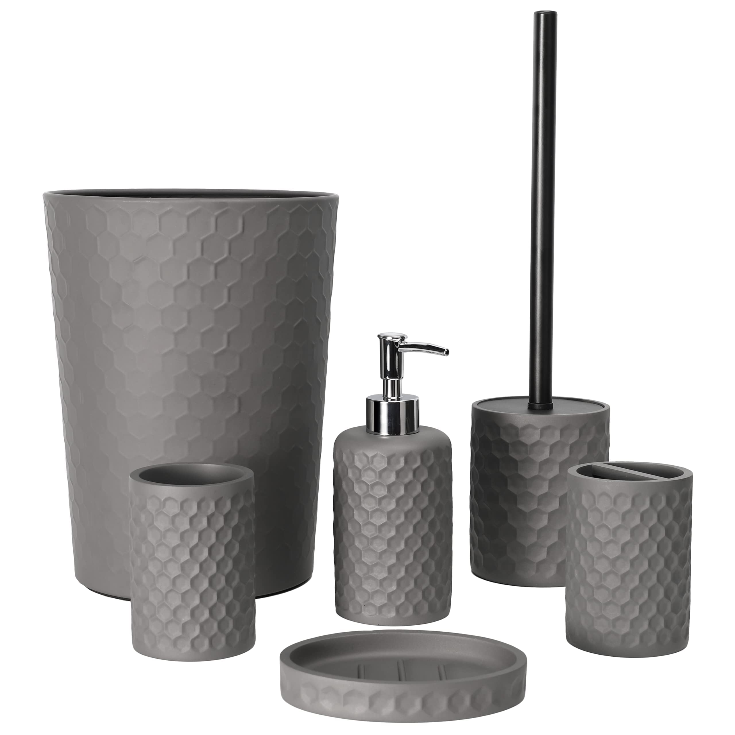 6-Piece Grey Bathroom Accessory Set - Includes Trash Can, Toothbrush Holder, Cup, Soap Dispenser, Soap Dish & Toilet Brush with Holder | Modern Light Gray Bathroom Organization for Home & Apartment