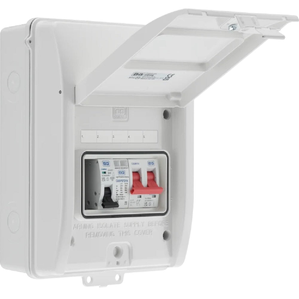 BG Fortress 5 Module Enclosure 100A Main Switch 40A MCB Type 2 SPD + 1 Spare Way White CFEV6W - Electrical Panel for Home & Commercial Use