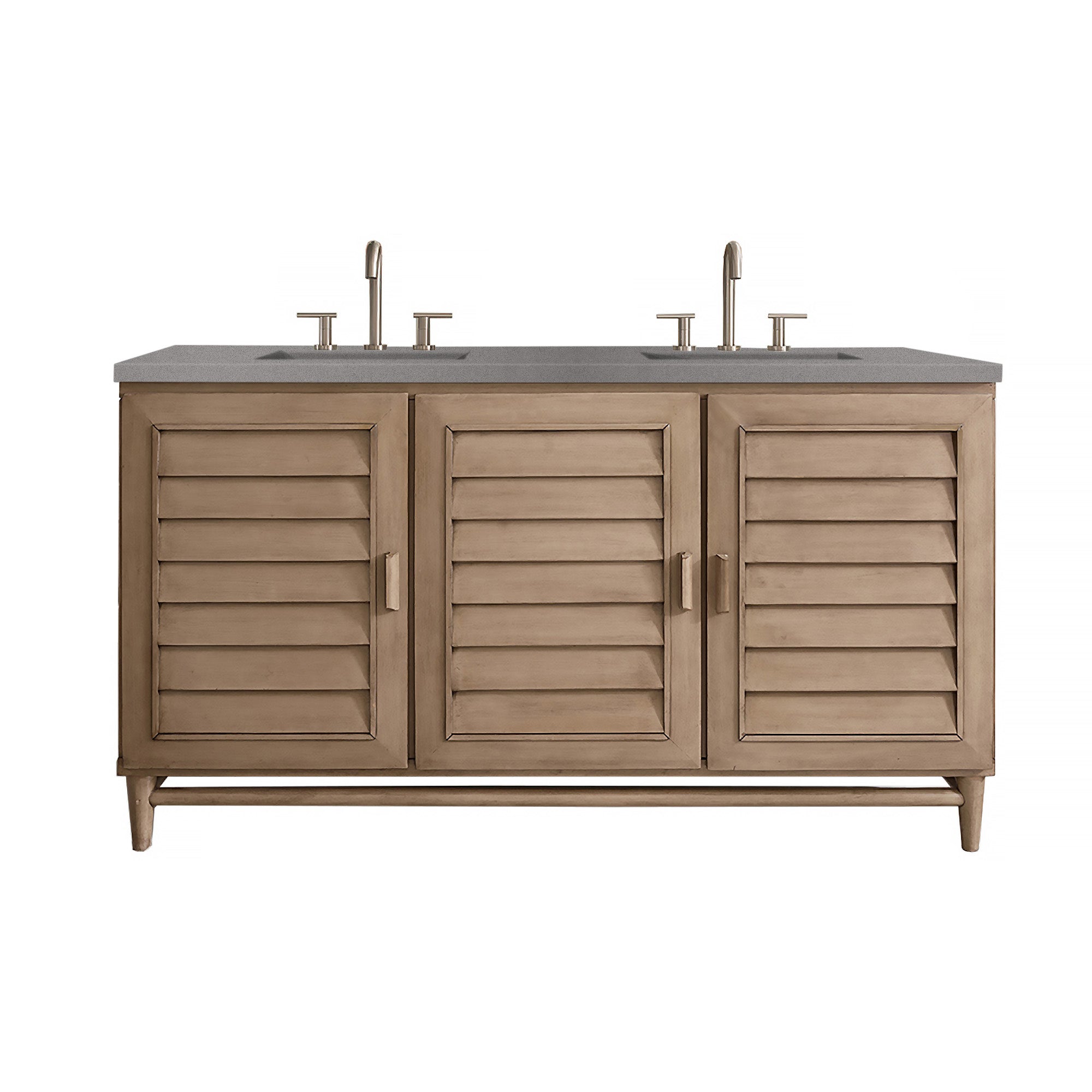 Portland 60 Inch Double Vanity with Whitewashed Walnut Finish & 3CM Gray Expo Quartz Countertop - Perfect for Modern Bathroom Renovations and Master Suite Upgrades