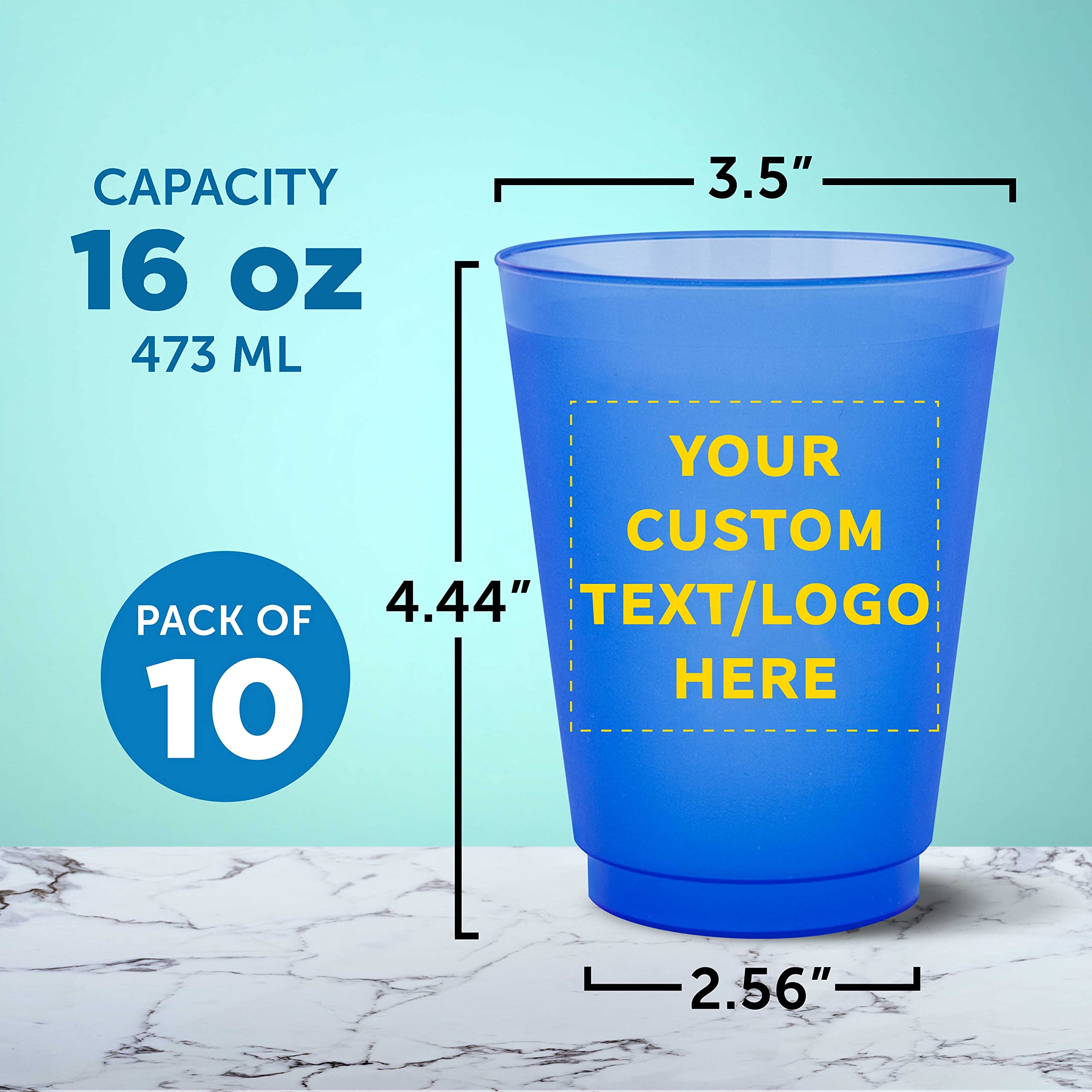 Custom 16 oz Frosted Plastic Stadium Cups - 10 Pack with Promotional Text & Logo - Shatterproof, Flexible & Reusable Party Cups in Blue - Perfect for Tailgates, BBQs, and Outdoor Events