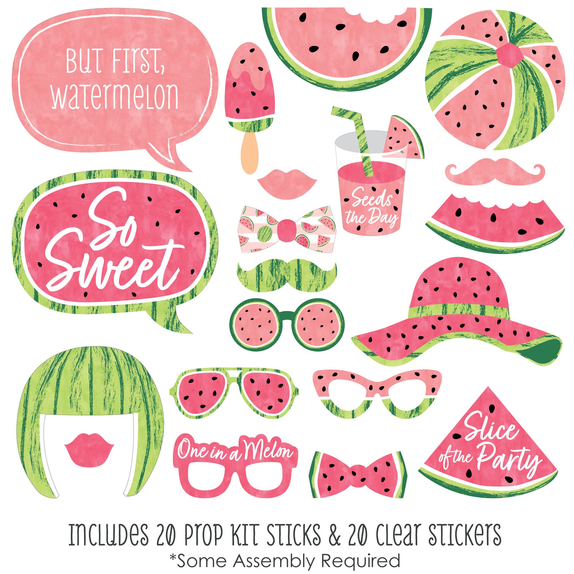 Sweet Watermelon Fruit Party Photo Booth Props Kit - 20 Count Fun Summer Party Decorations for Birthdays, Baby Showers & Pool Parties