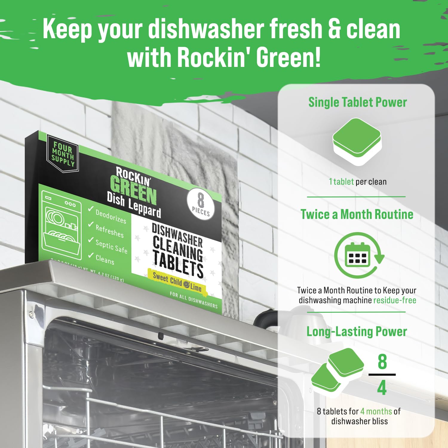 Rockin' Green Dishwasher Cleaner Tablets (8 Pack) - Septic Safe, Citric Acid Powered Dishwasher Cleaning & Deodorizing Tablets - Removes Limescale & Odor Buildup - Sweet Child O'Lime Scent - Perfect for Deep Cleaning & Maintaining Dishwashers in Homes & Restaurants