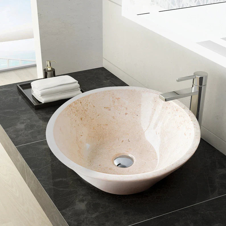 Polished Cappuccino Beige Marble V-Shaped Tapered Bathroom Sink - Above Vanity Countertop Basin CBMVTS15 for Modern Bathroom & Powder Room Decor