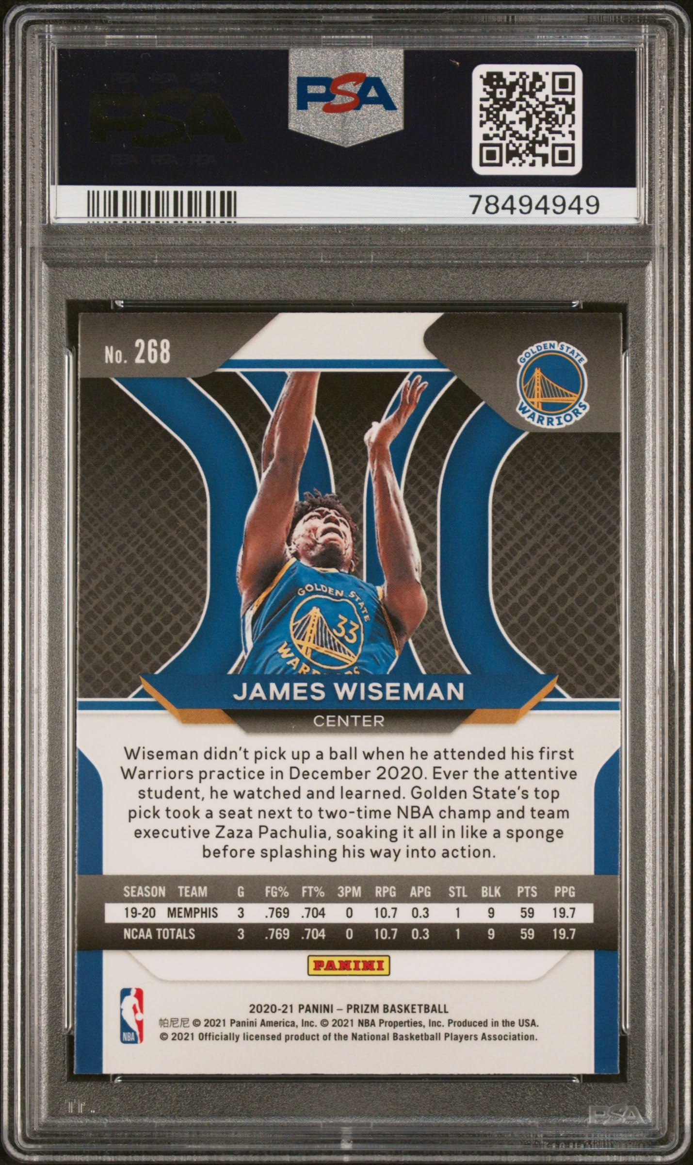 2020 Panini Prizm James Wiseman Rookie Card #268 Autographed PSA 78494949 - Perfect for NBA Memorabilia Collectors and Golden State Warriors Fans