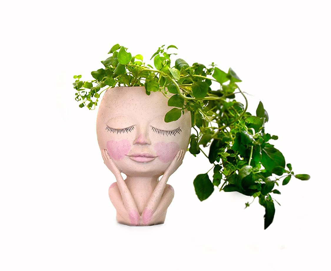 LYONBASE Face Planter - Hand Painted Resin Flower Pot with Drainage Hole for Indoor Plants, Herbs & Seedlings - Decorative Lady Plant Stand for Home, Office & Garden Decor