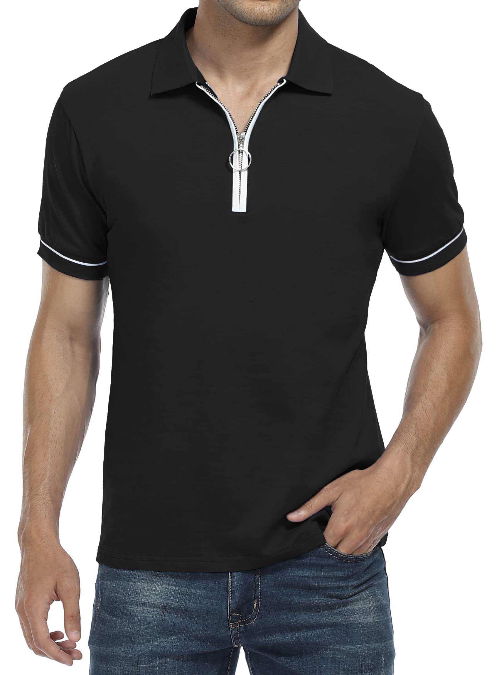 Men's Slim Fit V-Neck Polo Shirt - Short Sleeve Quarter Zip Casual Golf Shirt for Summer | Breathable & Comfortable Tee for Golf, Office & Outdoor Activities