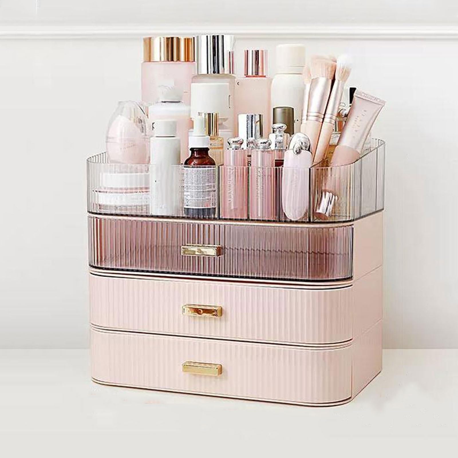 4-Tier Stackable Makeup Organizer with Drawers - Large Capacity Cosmetic Storage Box for Vanity, Lipsticks, Jewelry & Skincare | Portable Makeup Case for Travel & Home Organization (White)