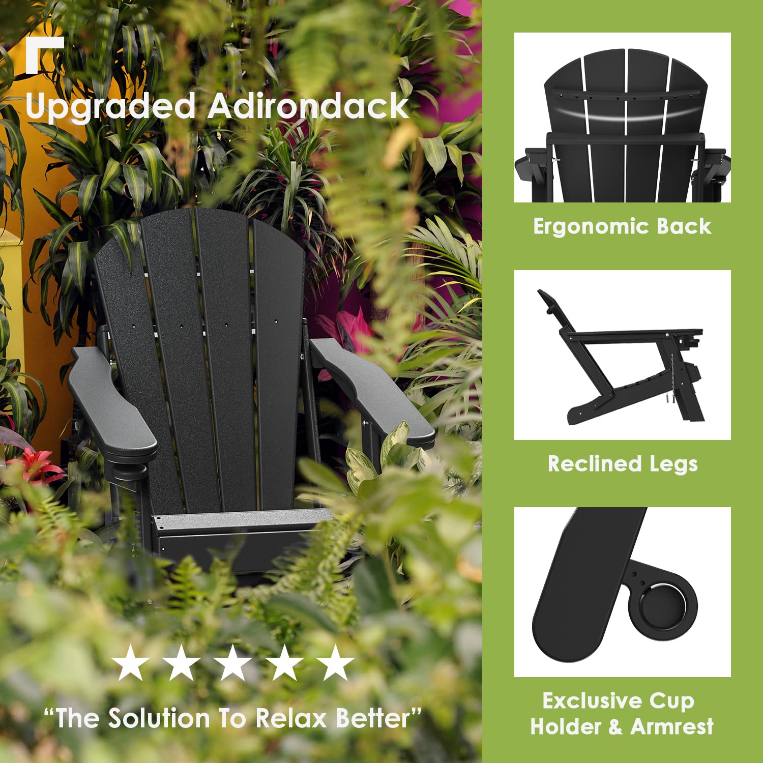 Premium Folding Adirondack Chair with Ottoman & Retractable Footrest - All-Weather HDPE Plastic Outdoor Lounge Chair for Poolside, Patio, Garden & Fire Pit - Includes Cup Holders (Black)