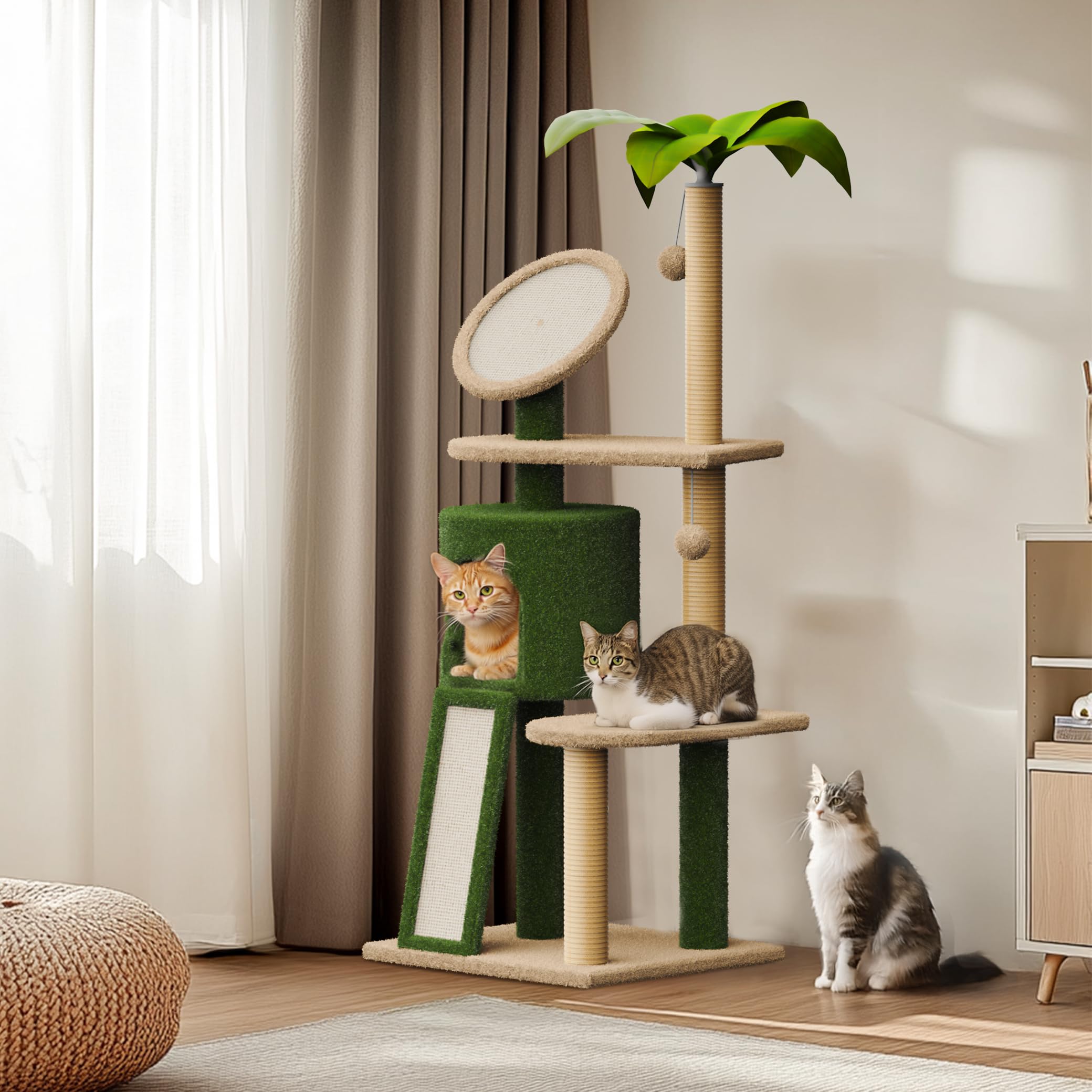 57in Cactus Cat Tree Tower with Scratching Post, Dangling Ball & Perch - Indoor Cat Condo for Kittens & Adult Cats - Perfect for Small Spaces & Cat Grooming Needs