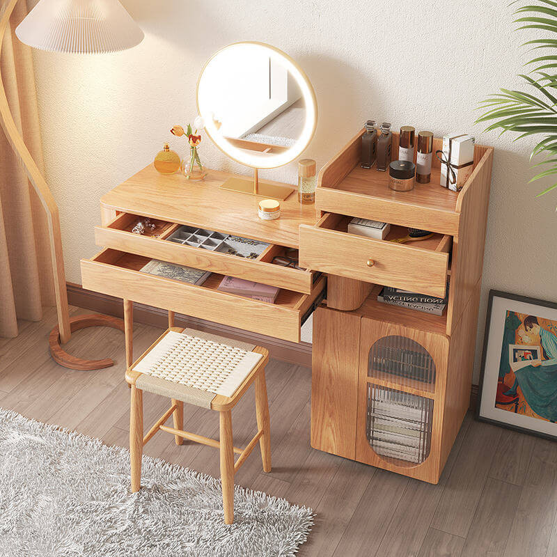 Large Wooden Makeup Vanity Table with Side Cabinet & Drawers - Spacious Storage for Beauty Essentials | Perfect for Bedroom, Dressing Room & Beauty Salon Organization