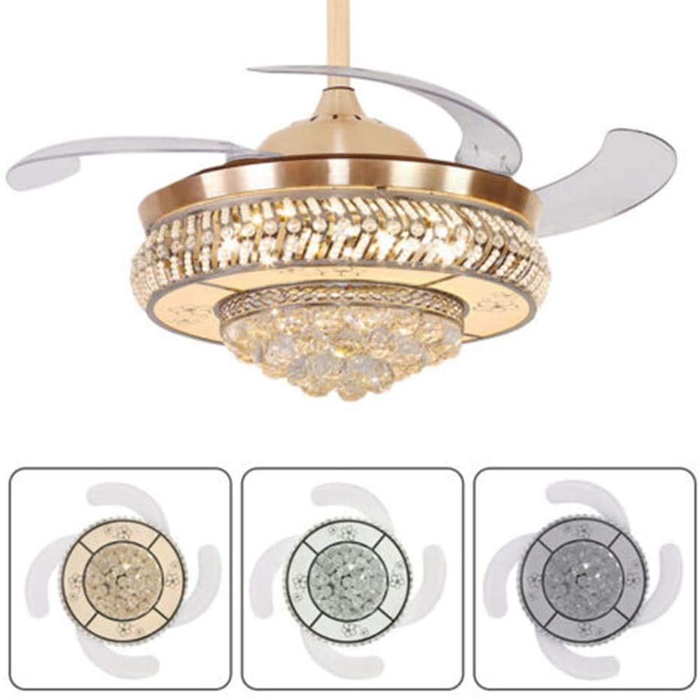 Modern Retractable Crystal Ceiling Fan with LED Light & Remote Control - 42 Inch Dimmable 3-Speed Smart Fan for Living Room, Bedroom, Office - Gold Finish | Energy Efficient Cooling & Stylish Home Decor
