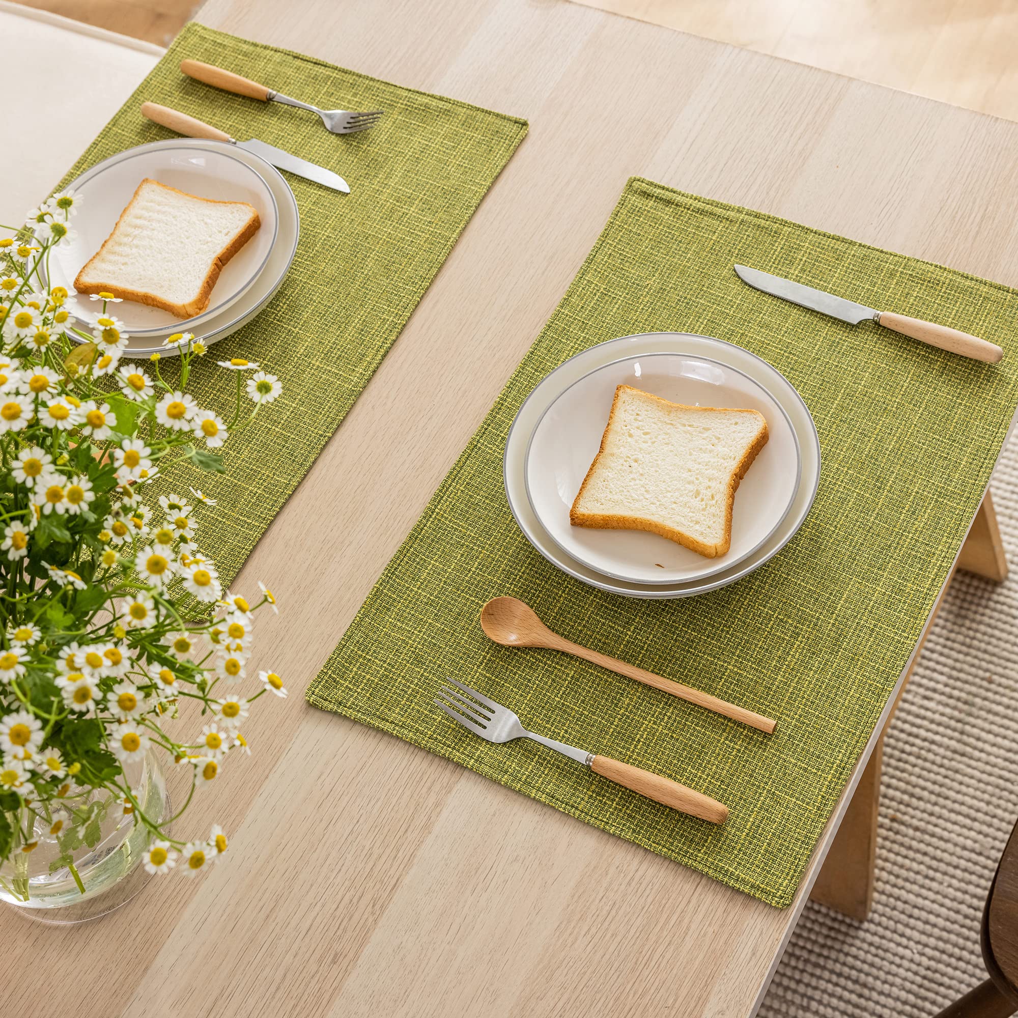 Kevin Textile 4-Pack Spring Burlap Linen Placemats - Heat Resistant 13x19 Inch Table Mats for Dining & Kitchen - Washable Eco-Friendly Place Settings in Linden Green - Perfect for Dinner Parties, Brunch & Everyday Use