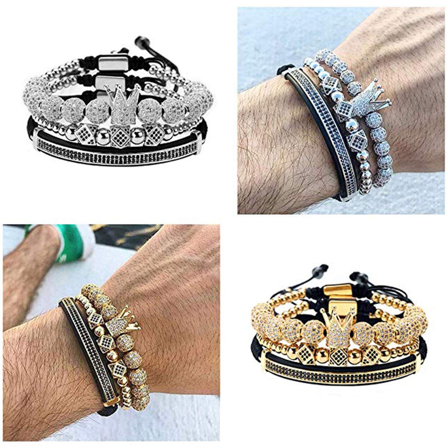 Luxury CZ Imperial Gold Crown Bracelet Set - King Royal Style 8mm Zirconia Beads Braided Bangle for Men - Perfect for Weddings, Parties & Royal-Themed Events