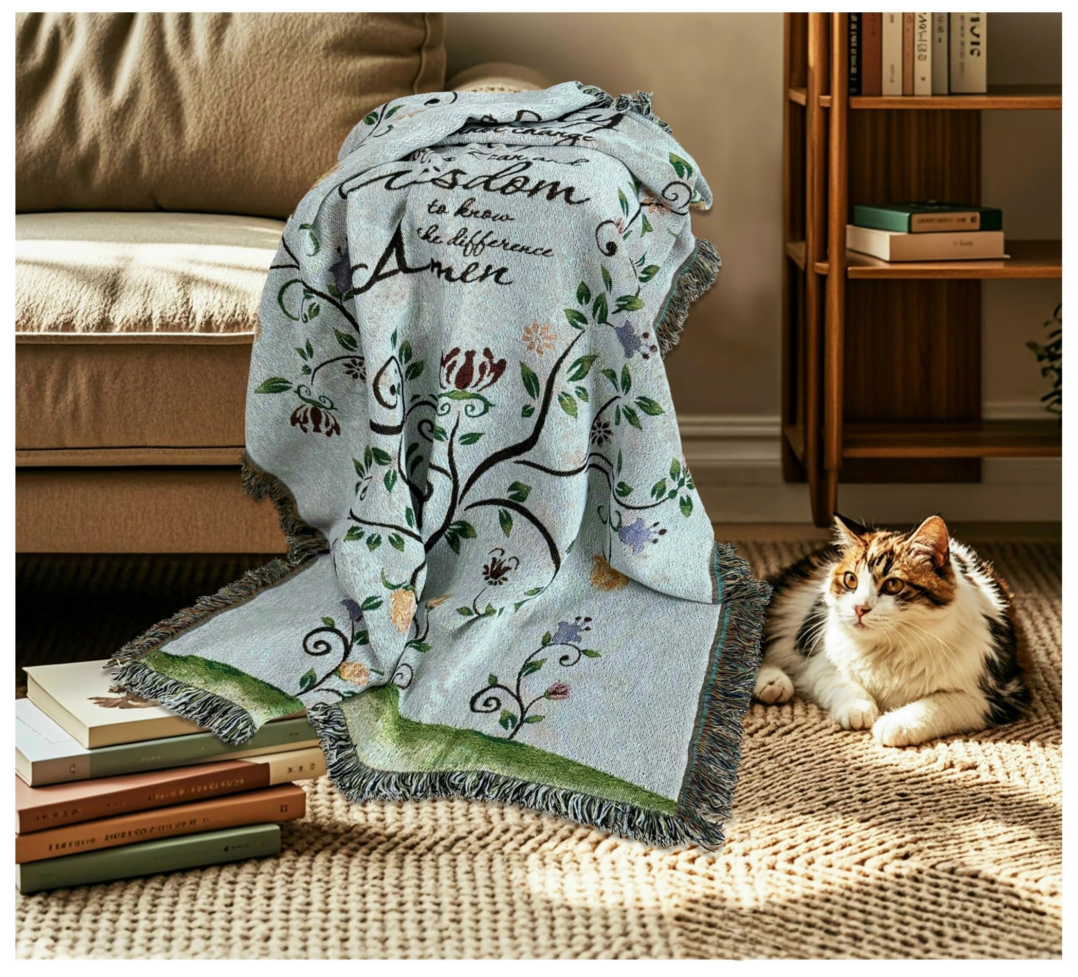 God Grant Me The Serenity Prayer Woven Tapestry - 50x60 Inch Soft Throw Blanket & Wall Hanging Decor with Fringe Tassels - Multipurpose for Bedroom, Living Room, Yoga Mat, Travel & Outdoor Use