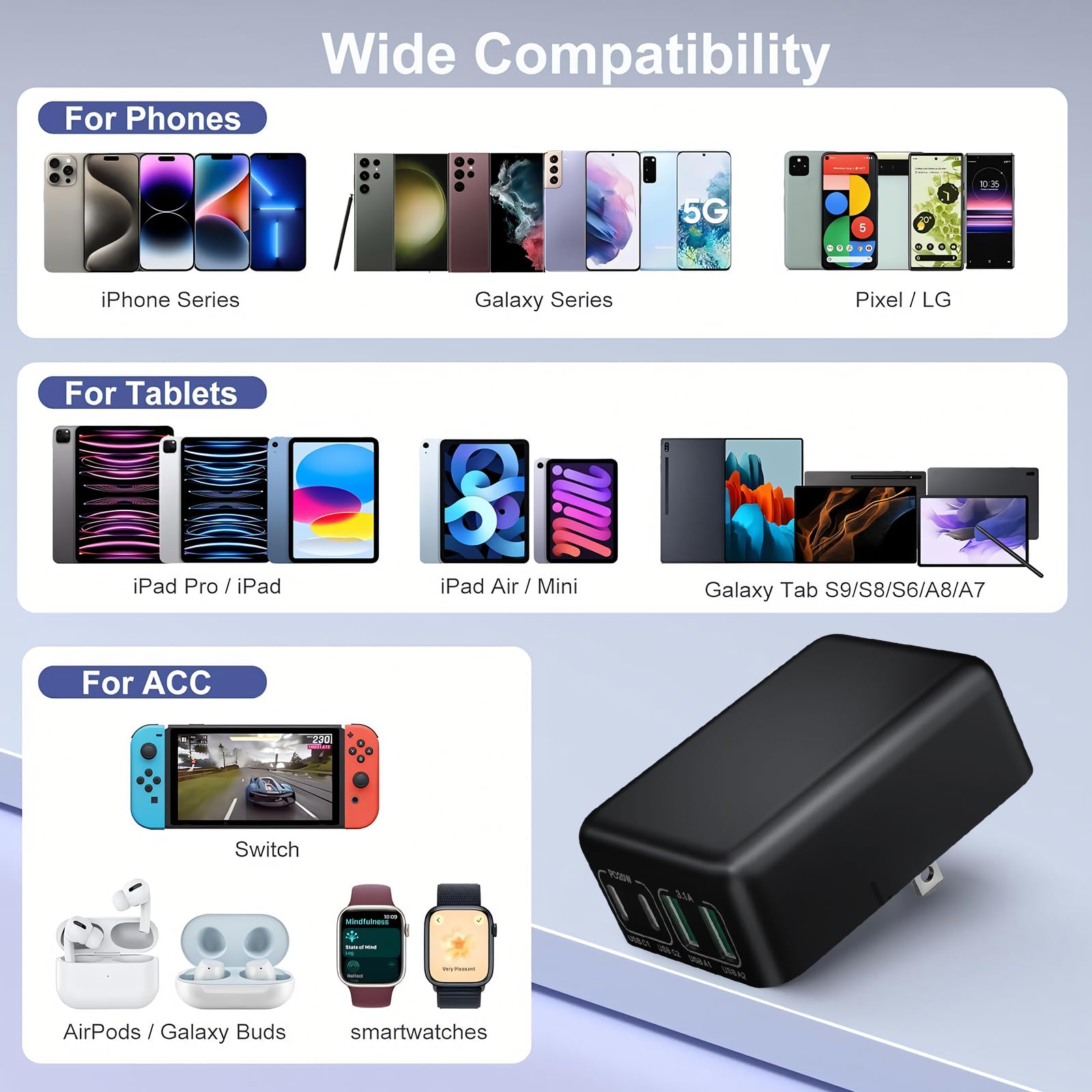 40W 4-Port USB C Wall Charger with PD - Foldable Fast Charging Block for iPhone 15/Samsung/Tablet - Home & Travel Use
