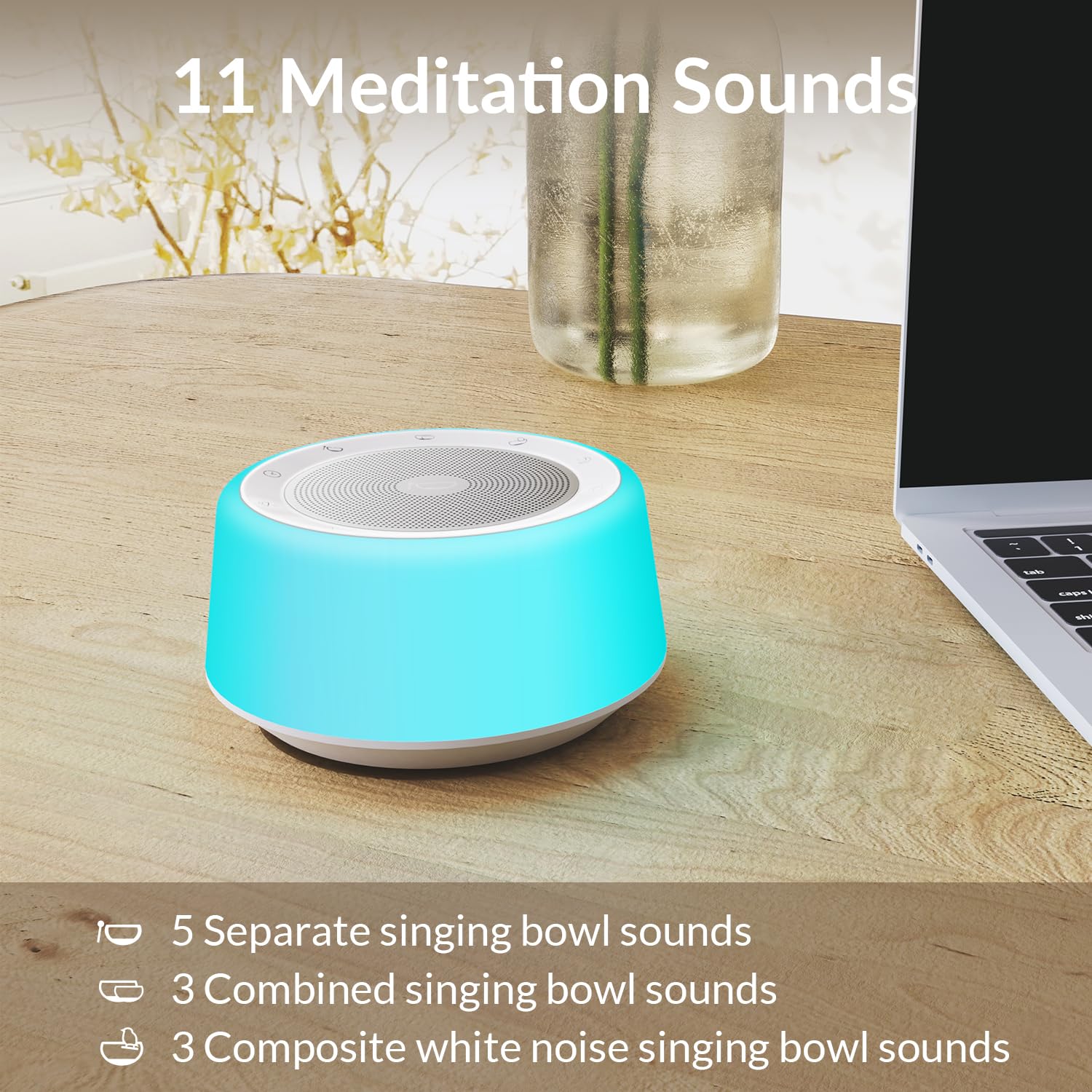 Kipcush Tibetan Singing Bowls Set - 11 Sizes with Night Light for Yoga, Meditation & Chakra Healing | Sound Therapy Machine with Timer & Plug-in for Stress Relief & Mindfulness Practice | Perfect for Home Spa, Yoga Studio & Relaxation Rooms