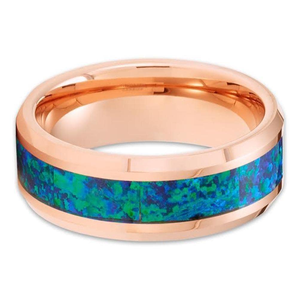 Rose Gold Tungsten Wedding Band - 8mm Tungsten Carbide Ring with 18k Rose Gold & Opal Inlay - Perfect for Men's & Women's Wedding, Engagement & Anniversary Jewelry Gifts
