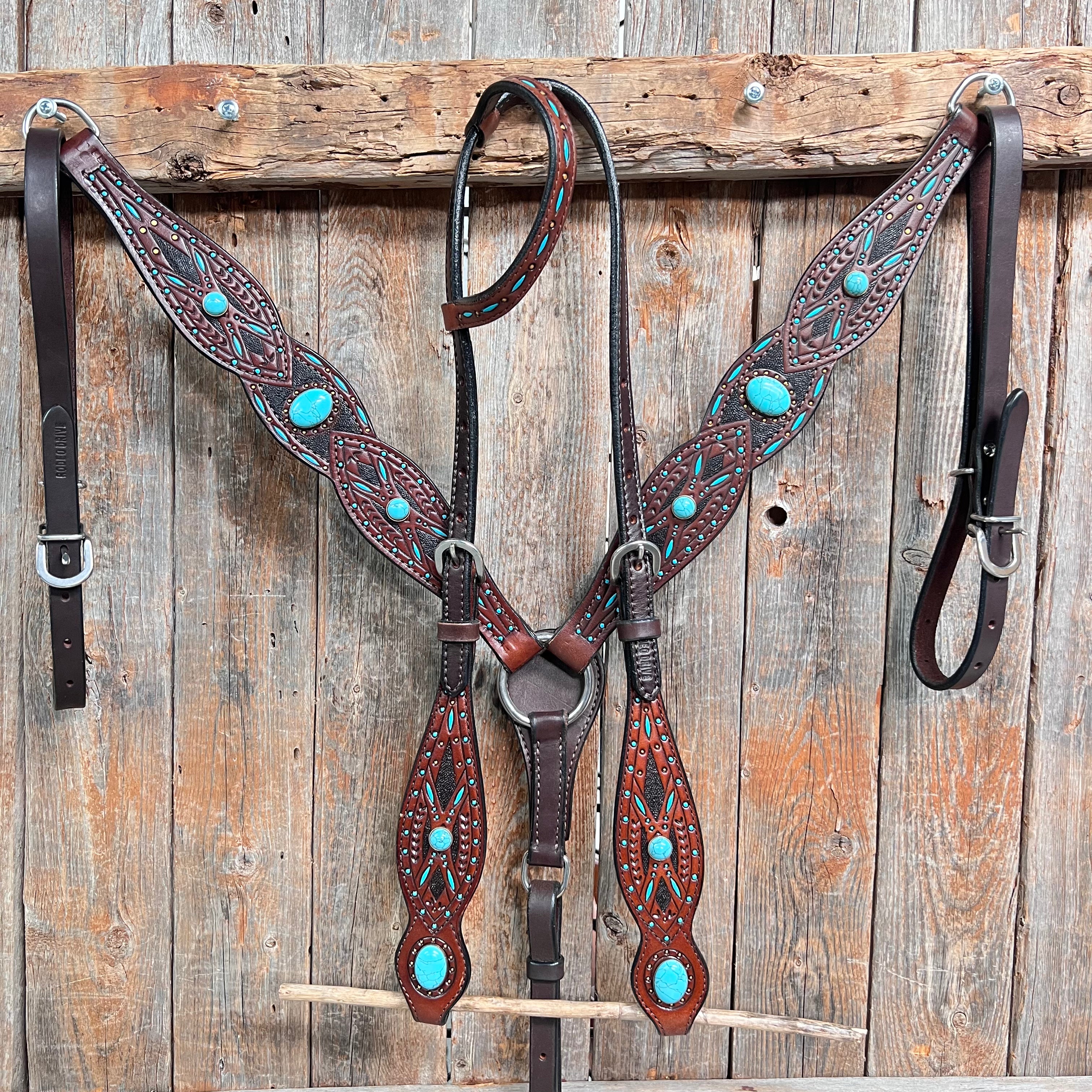 Hand-Painted Turquoise Cabochon Dark Oil Leather Ear & Breastcollar Tack Set #OEBC584 – Perfect for Western Horse Riding & Show Competitions