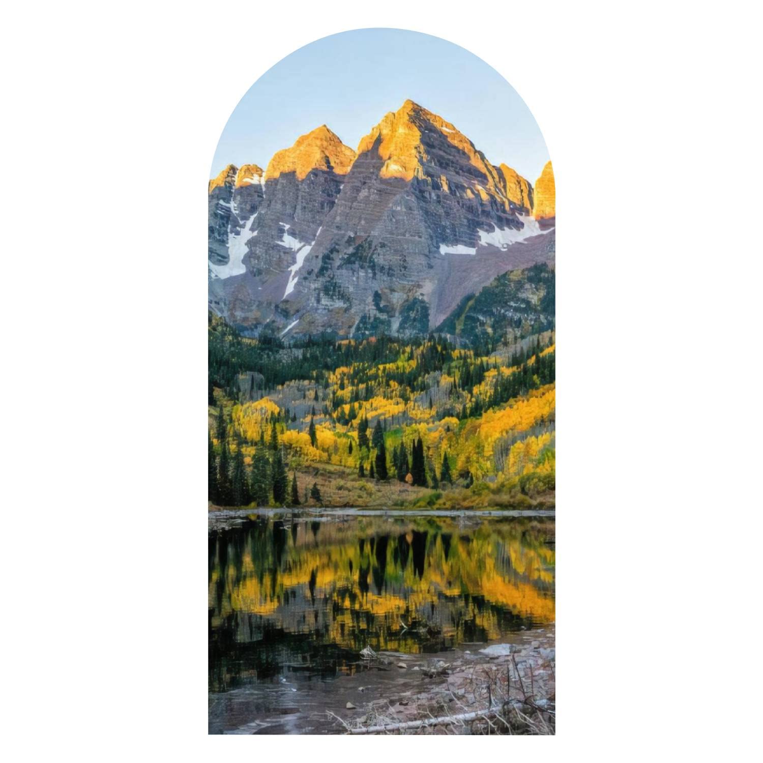 Boho Arch Wall Decal - Maroon Bells Lake Sunrise in Aspen Colorado | Rocky Mountain Peel & Stick Removable Wallpaper | 72”x35” Home Decor for Bedroom, Nursery, Living Room | Easy DIY Wall Sticker for Apartment & Dorm Room Decorating