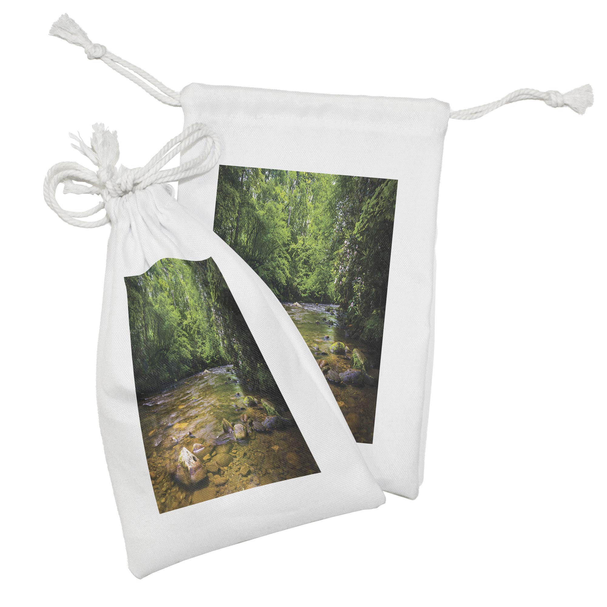 Ambesonne Appalachian Fabric Pouch Set of 2 - Oconaluftee River at Smoky Mountains National Park Design - Small Drawstring Bags for Toiletries, Masks, Jewelry & Travel Essentials - 9