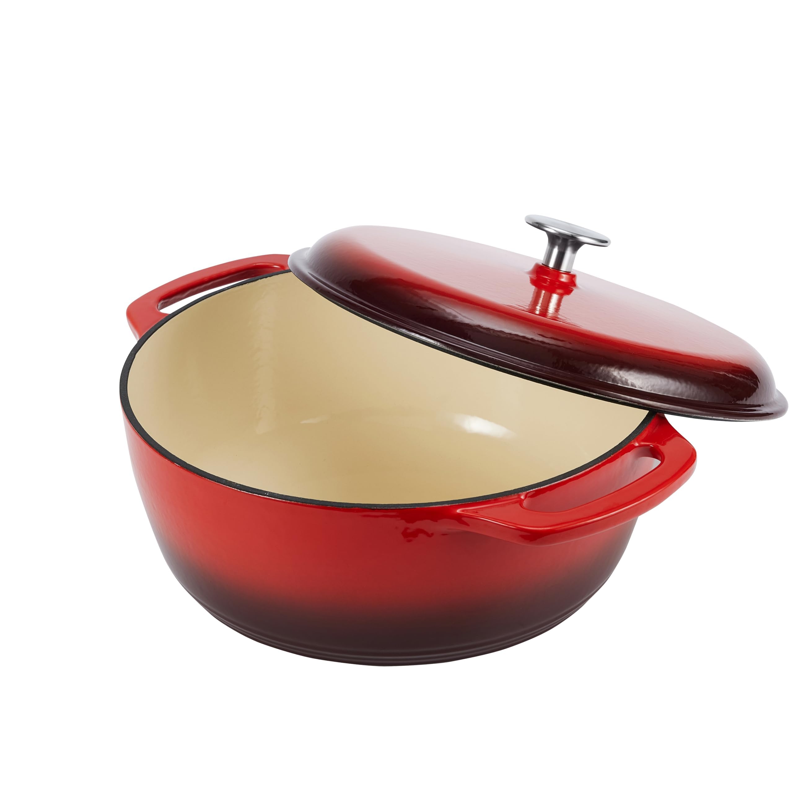 Amazon Basics Enameled Cast Iron Dutch Oven with Lid - 4.3 Quart Round Heavy-Duty Pot with Dual Handles, Red - Perfect for Braising, Stewing & Baking at Home or Camping