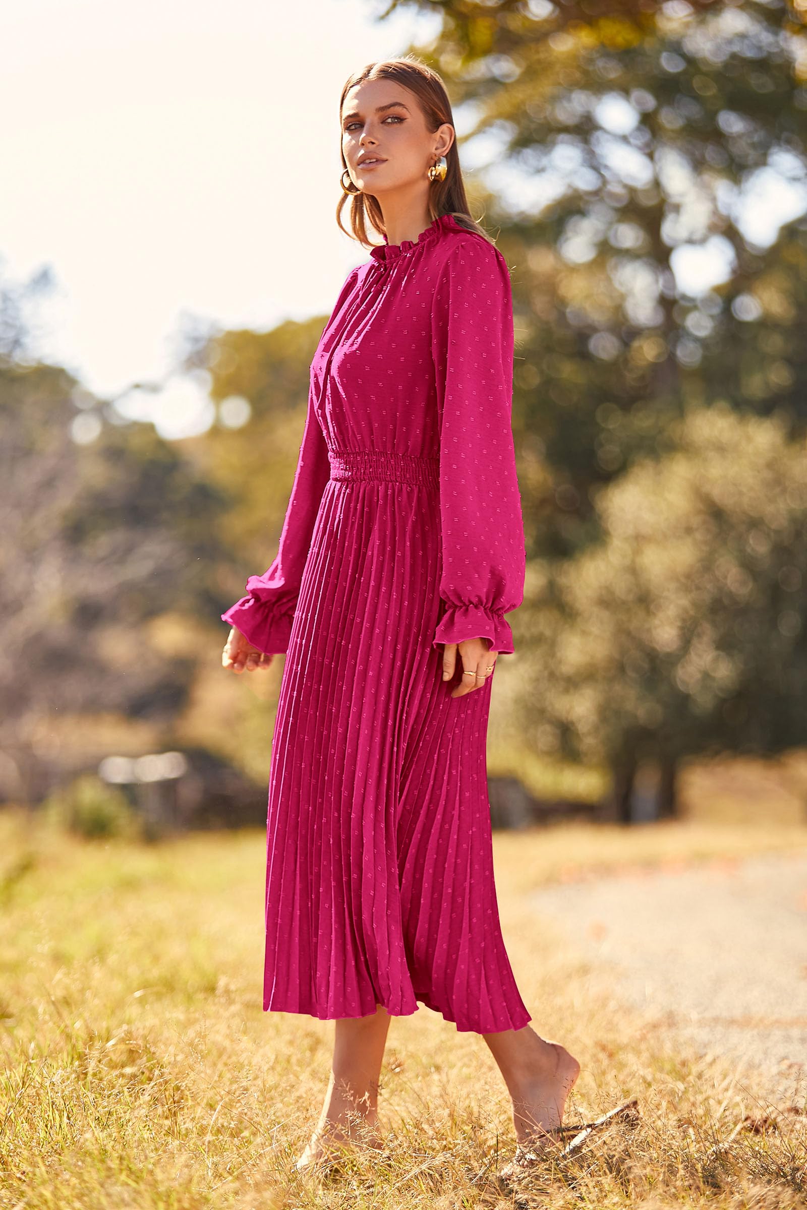 PRETTYGARDEN Women's Swiss Dot Pleated Midi Dress - Long Sleeve V-Neck A-Line Flowy Dress for Spring Fall 2025 | Casual Office Wear, Date Night & Special Occasions