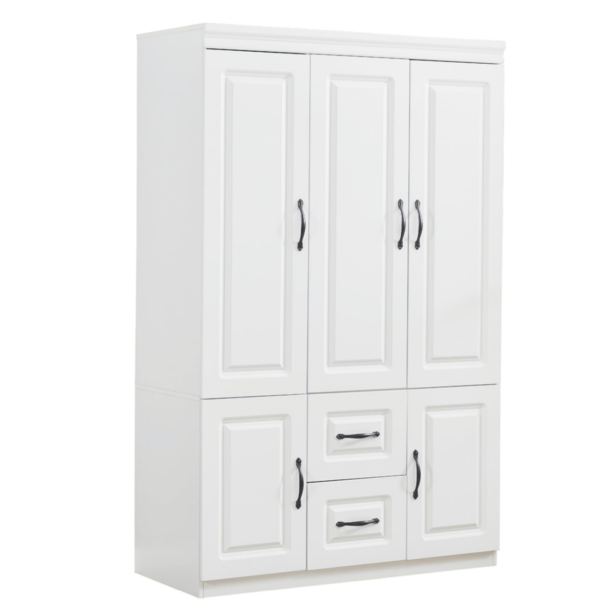 3-Door Wardrobe Closet - Large Freestanding Armoire Cabinet with Hanging Rod & Shelves, White Wooden Bedroom Storage Organizer (47.3