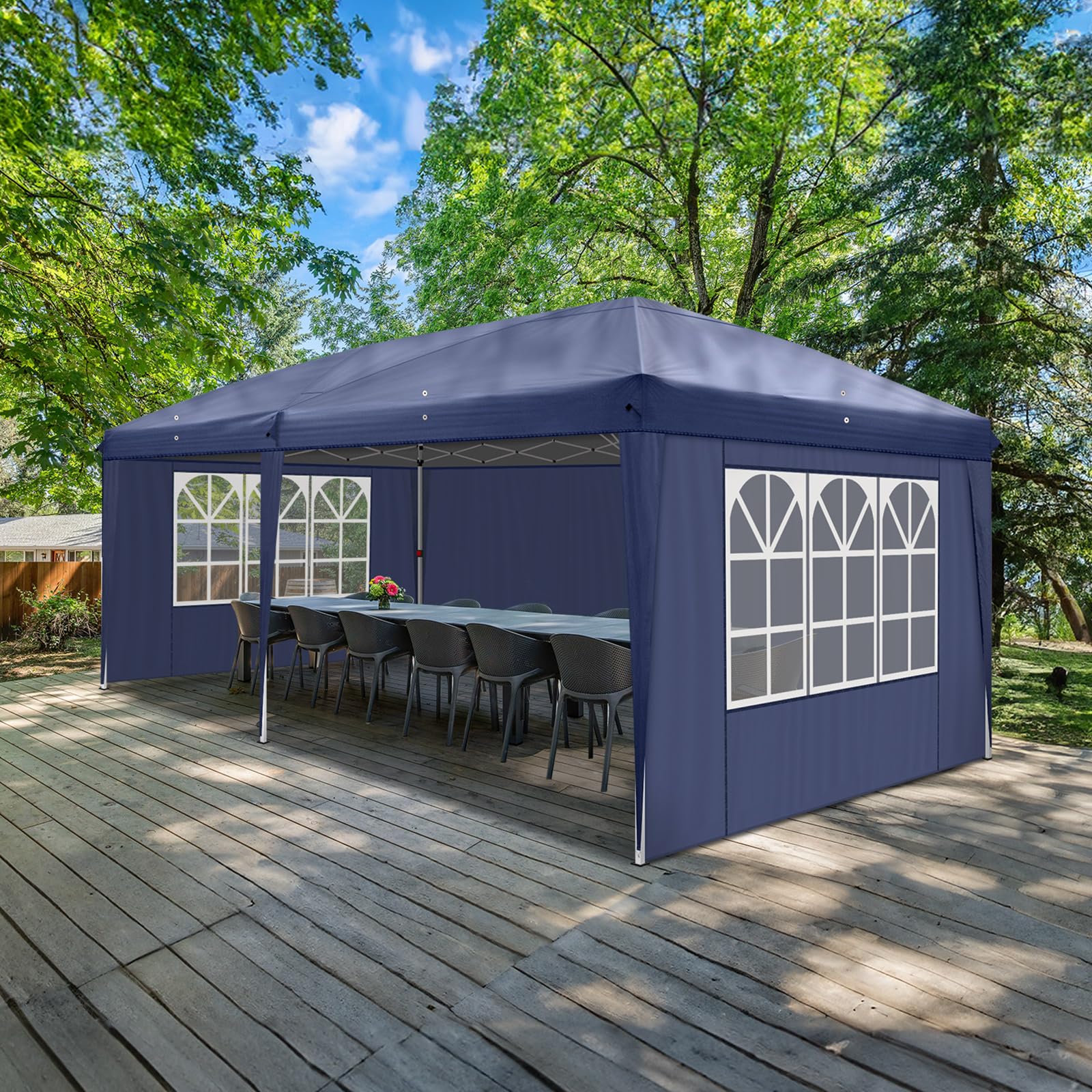 10' x 20' Pop Up Canopy Tent with Removable Sidewalls & Carry Bag - Instant Shelter with Zipper Door - Portable Easy Setup Commercial Canopy for Outdoor Parties, Backyard Events, Farmers Markets & Beach Use - Waterproof Blue Outdoor Tent