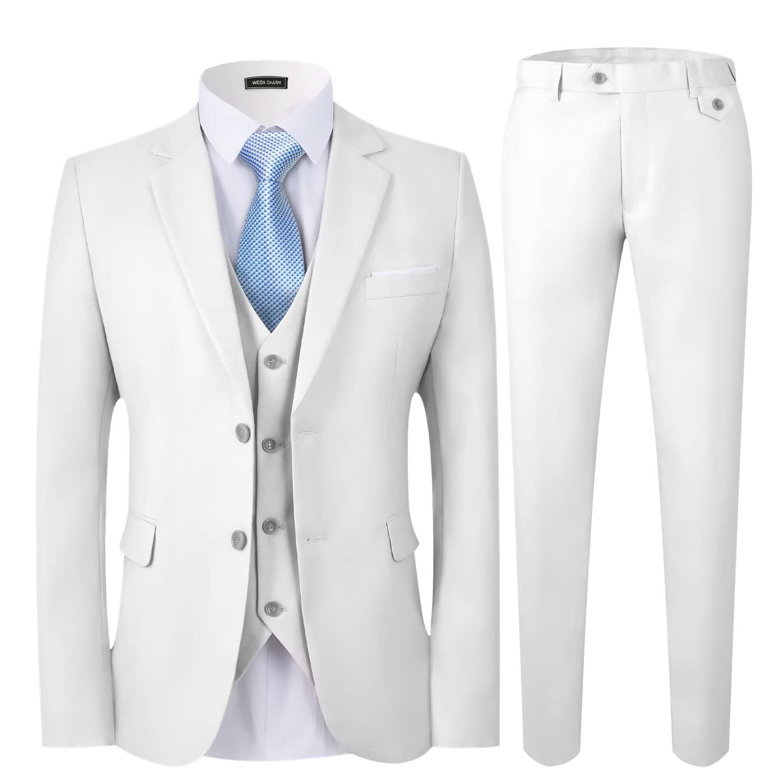 WEEN CHARM Men's Slim Fit 3-Piece Suit Set - 2 Button Blazer, Vest & Pants with Tie - Formal Tuxedo for Weddings, Business & Special Occasions