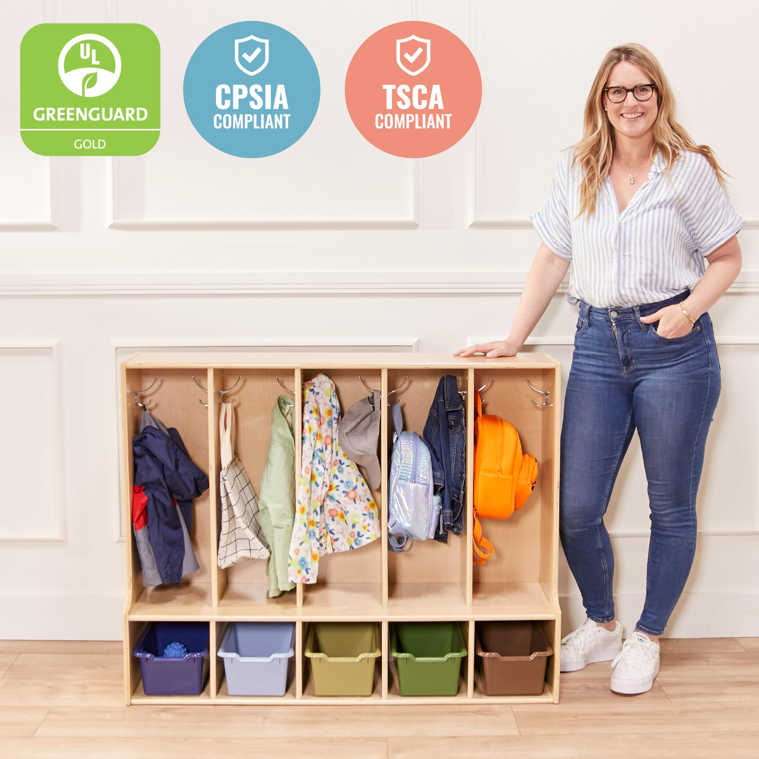 ECR4Kids 5-Section Toddler Coat Locker with Bench - Natural Wood Classroom Storage Furniture for Daycare, Preschool & Kindergarten Organization