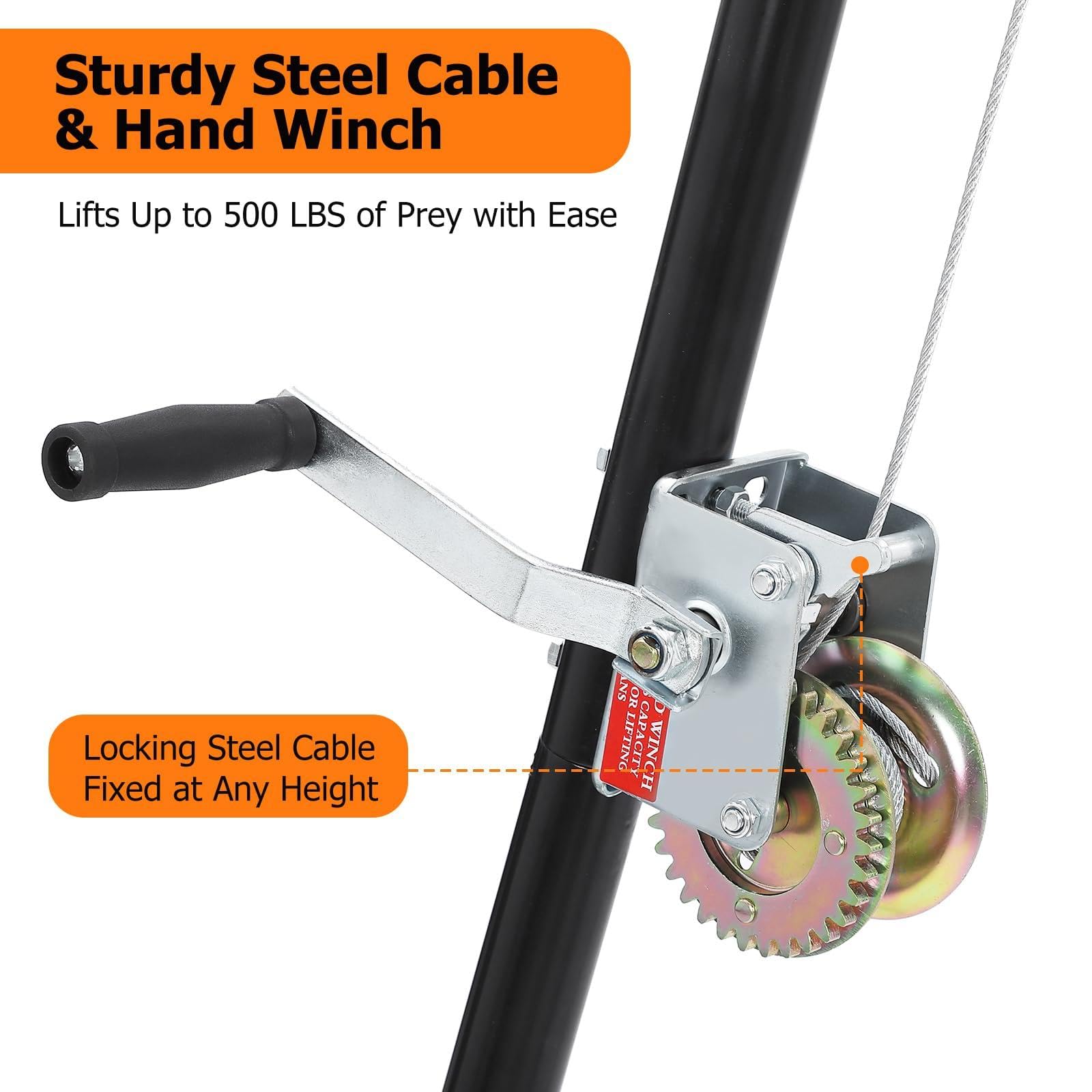 Heavy Duty 500 LB Deer Hoist Tripod with Winch & Gambrel Set - Adjustable Height, 360° Swivel & Tool Tray - Professional Deer Skinning Hanger for Hunting, Processing & Game Preparation