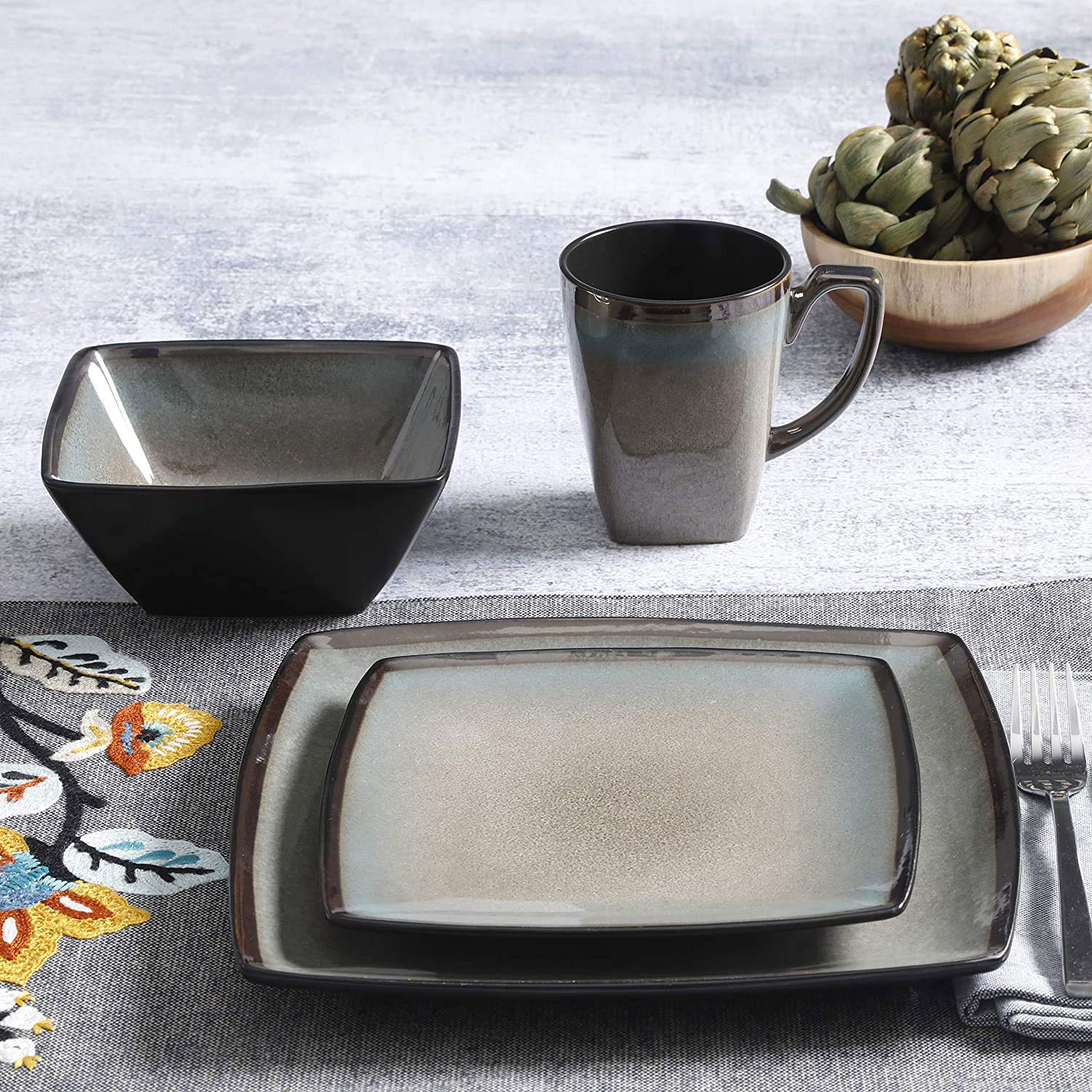 Gibson Elite Tequesta 16-Piece Square Dinnerware Set - Microwave & Dishwasher Safe Plates, Bowls & Mugs - Durable Glazed Stoneware in Taupe (3-Pack) - Perfect for Family Dinners, Entertaining & Everyday Use