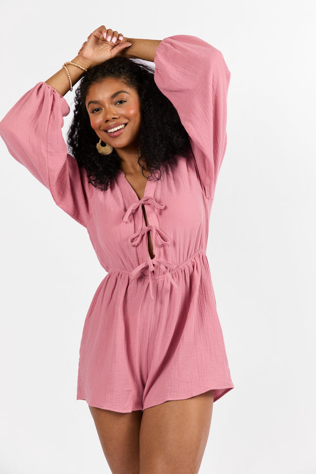 Endless Sunshine Pink Tie Front Long Sleeve Romper - Women's Summer Jumpsuit with Adjustable Waist | Perfect for Beach Vacations, Music Festivals & Date Nights