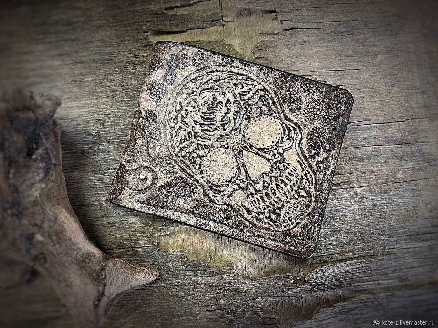 Handcrafted 3D Sugar Skull Men's Genuine Leather Wallet - Custom Carved & Tooled Biker Wallet with Airbrush Art - Perfect for Motorcycle Enthusiasts & Unique Gift Giving