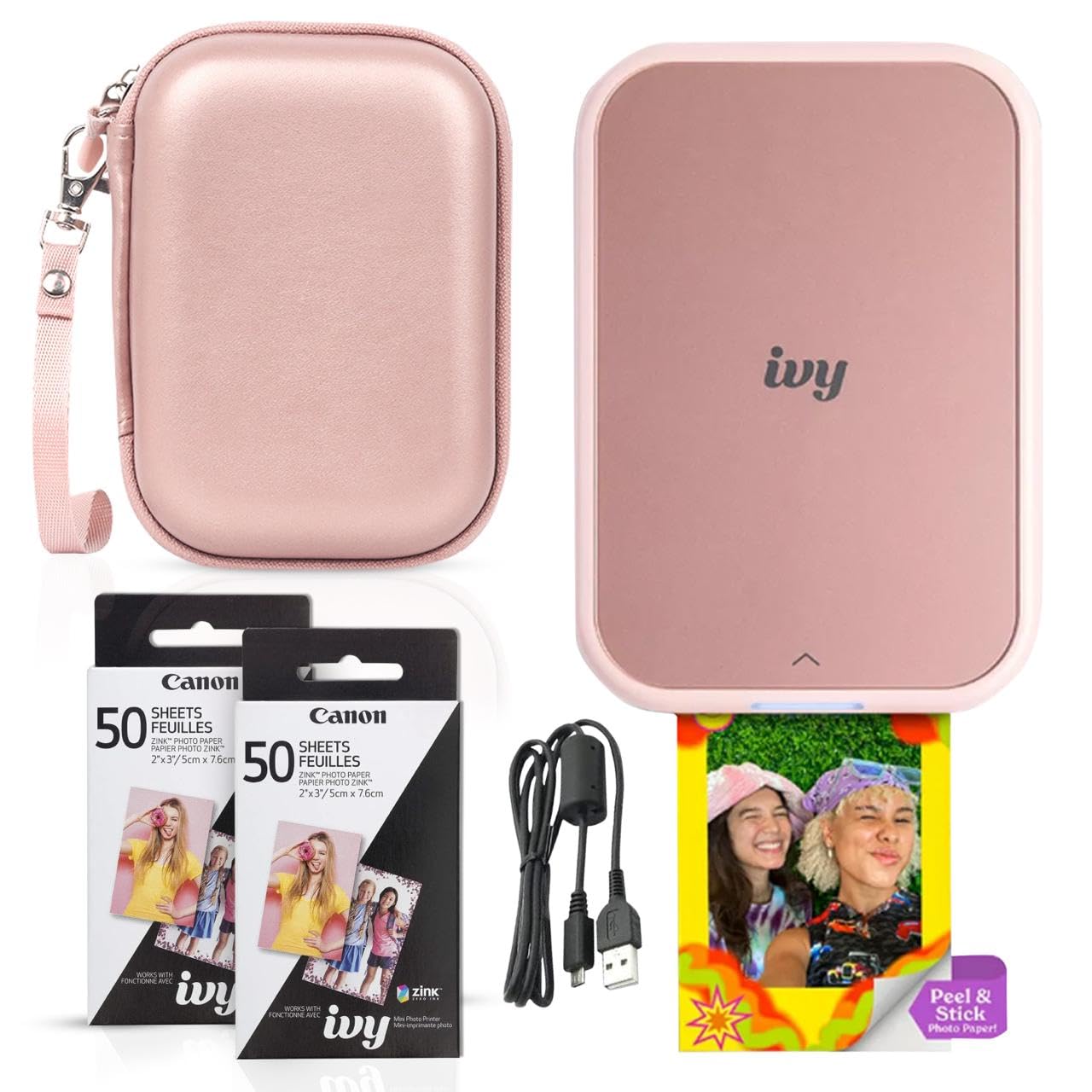 Canon Ivy 2 Mini Bluetooth Photo Printer (Blush Pink) - Wireless Portable Printer for iOS & Android, Includes 110 Zink Sticky-Back Prints, LED Light Bar, Protective Case & USB Cable | Perfect for Travel, Scrapbooking & Instant Memories